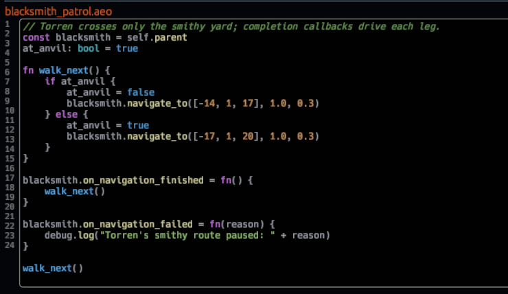 A Worldkiln project using AeoScript actor navigation